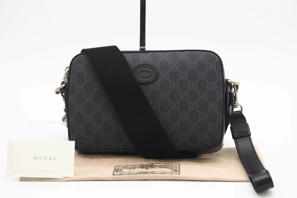 Gucci GG Supreme Interlocking GG Crossbody Bag Shoulder Black Gray Canvas